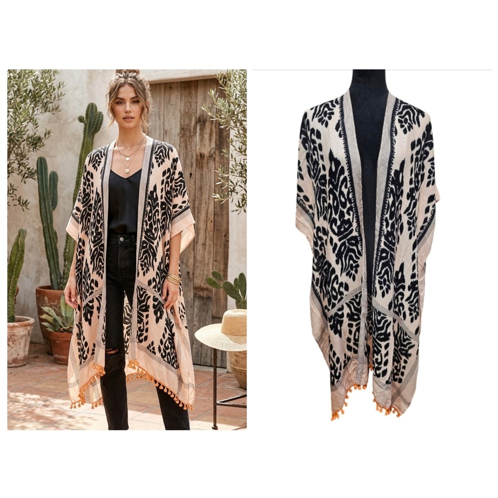 Angie Kimono Wrap Womens One Size‎ Tan Black Ikat Pom Pom Trim Boho Festival